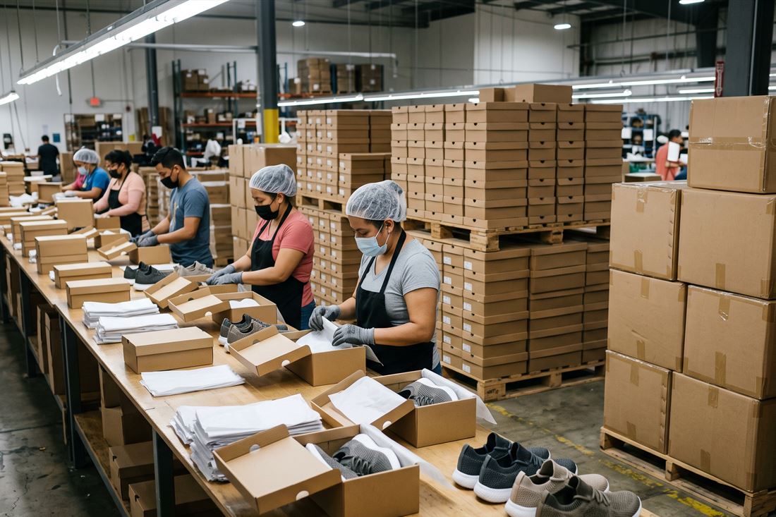 Finished shoes packed into export cartons
