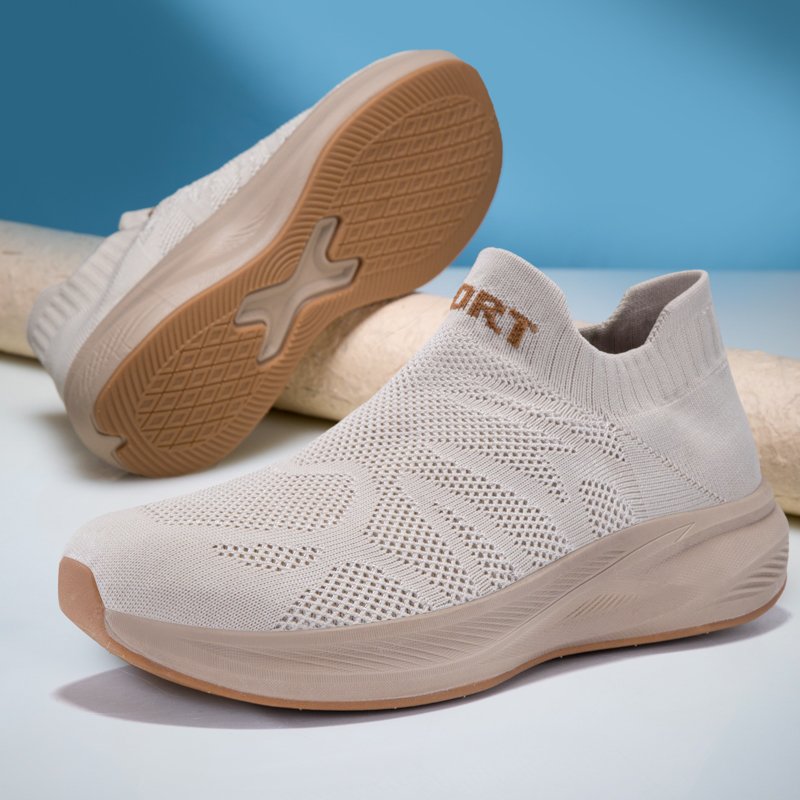 Beige wide-head comfort slip-on with brown sole
